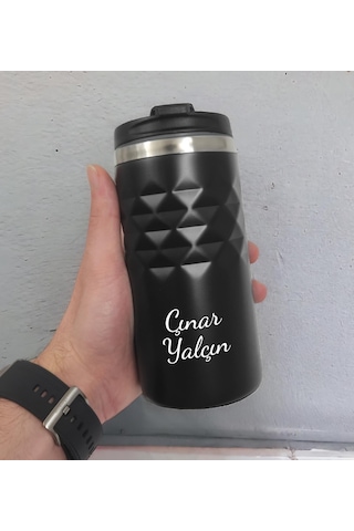 Kişiye Özel Baskılı Geometrik Desenli Siyah Renk Termos Bardak 300ml