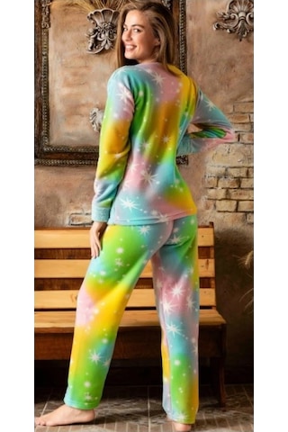 Kadın Desenli Yumuşak Polar Kışlık Pijama Eşofman Tek Alt Beyaz-renkli