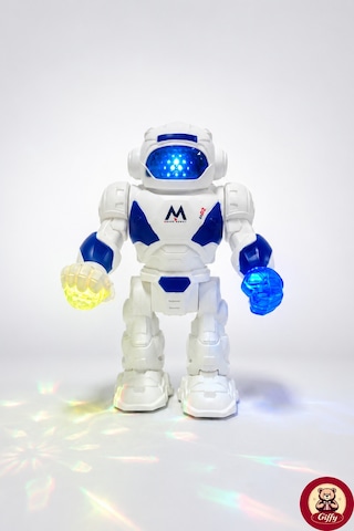 Oyuncak Işıklı Sesli Hareketli Robot Oyuncak 23 Cm Led Efektli Pilli Robot Beyaz