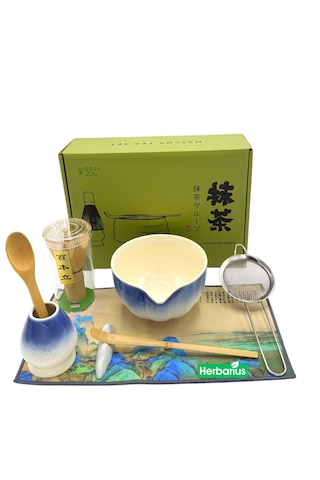 6 Parça Mavi Beyaz Renk Matcha Çayı Hazırlama Seti - Geleneksel Japon Matcha Seti Mavi - Beyaz