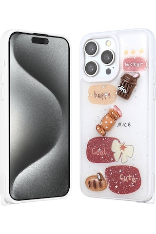 Goocamp Apple iPhone Uyumlu 15 Pro Max Kılıf Parlayan Simli Kabartma Figürlü Cevze Kapak - Pembe Pembe