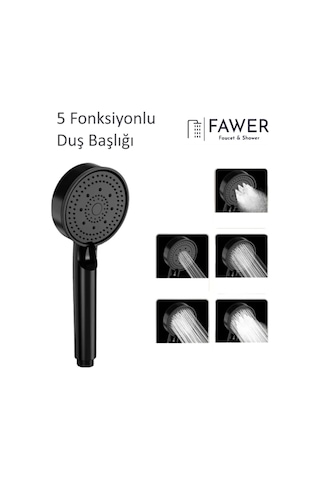 Fawer 5 Fonksiyonlu Siyah Yüksek Basınçlı Ayarlanabilir Duş Başlığı El Duşu
