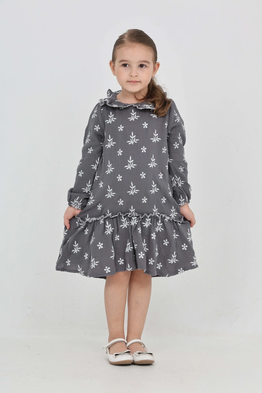 Toontoy Kız Çocuk Çiçek Nakışlı Bebe Yaka Elbise Füme