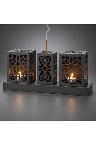 Lazer Kesim Metal Tealight Mumluk Ve Tütsülük Seti Geometrik Selçuklu Yıldızı Motifli Modern Ev Dekoru Benzersiz Masa Süsü Ve Hediye Siyah