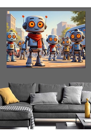 Modern Robot Çocuklar Ve Şehir Dekoratif Kanvas - Mdf Ahşap Tablo
