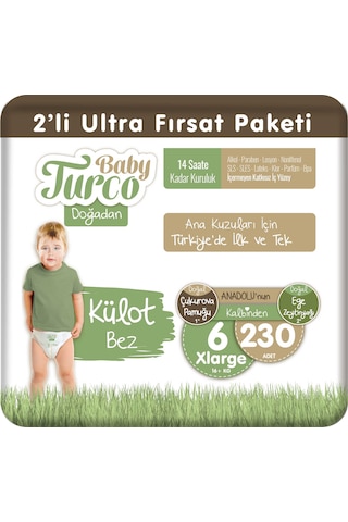 Baby Turco Doğadan 2'li Ultra Fırsat Paketi Külot Bez 6 Numara Xlarge 230 Adet