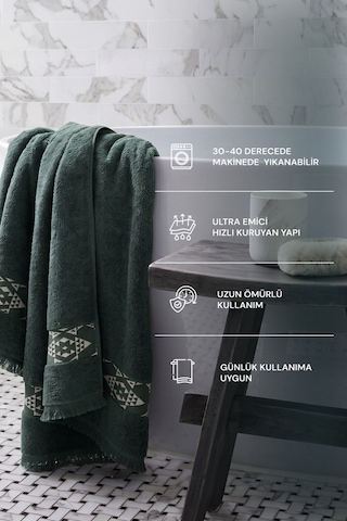 Hereke Heritage Serisi 3 Lü Havlu Seti Krem Bordürlü Yeşil, %100 Ege Pamuğu, Jakarlı Dokuma, 3 Parça Havlu Seti