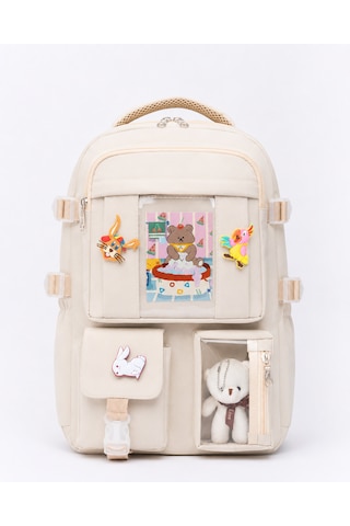 Quovo Kawaii Bag Club Kore Tarzı Full Aksesuarlı Ortopedik Günlük Yeni Okul Sırt Çantası Krem
