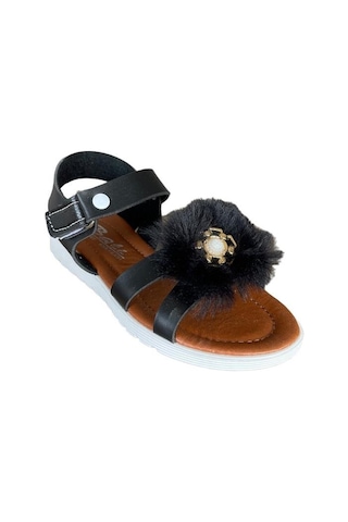 Cırtlı Peluş Fiyonklu Kız Çocuk Sandalet Siyah-siyah Siyah