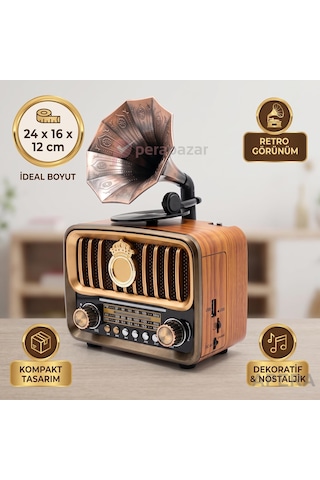 Nns Ns-7252bt Nostaljik Gramofon Radyo Bluetooth Hoparlör Şarj Edilebilir 1200mah Taşınabilir Müzik Çalar Gold