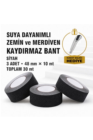 Suya Dayanımlı Siyah Kaydırmaz Bant 48 Mm X 10 Mt 3 Lü Set Maket Bıçağı Hediyeli