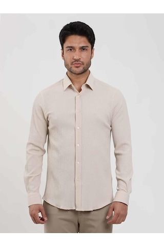 Dufy Bej Erkek Slim Fit Gofre Desenli Brent Yaka Uzun Kol Gömlek - 104810-bej Bej