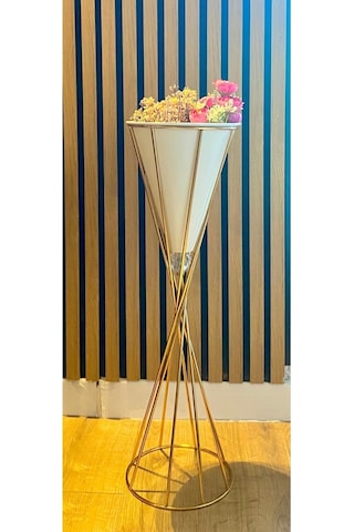Dekoratif Modern Salon Bahçe Teras Uyumlu 2'li Taşlı Burgu Vazo Beyaz - Gold