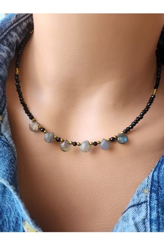 Doğaltaş Labradorit Ve Spinel Taşı Damla Kolye Çok renkli