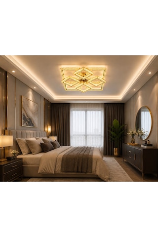 Kare 4+4'lü Ledli Gold Avize Altın - Gold