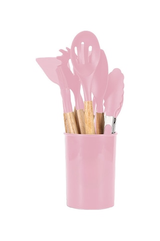 Kangvka Ahşap Saplı Silikon Mutfak Gereçleri 12'li Set - Tencere Uyumlu, Yıkama Kolay, Organize Depolama Kova İle Pembe Diğer