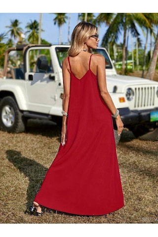 Kadın Askılı V Yakalı Etnik Şerit Detaylı Uzun Viskon Elbise Kırmızı
