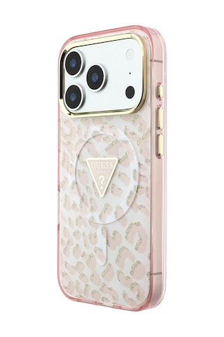 Apple iPhone Uyumlu 18 Pro Max Kılıf Guess Lisanslı M-safeli Üçgen Logolu Simli Leopar Desenli Kapak Pembe