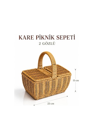 Kare Hasır Kulplu 2 Gözlü Piknik, Mutfak Sepeti Krem