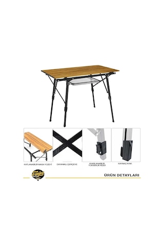 Funky Chaırs Elite Alüminyum Teleskopik Ayaklı Kamp Piknik Masası - Ahşap Desen Ahşap - Siyah