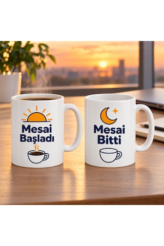 Mesai Başladı / Mesai Bitti 2'li Porselen Kupa Seti - Model 384 Çok Renkli