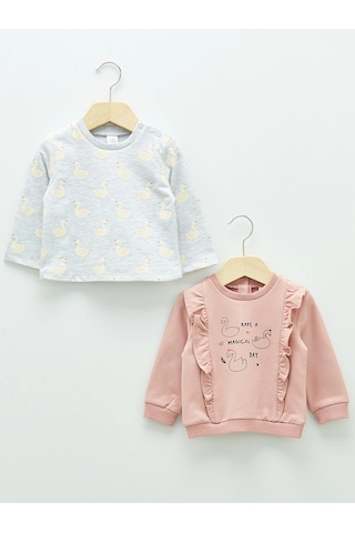 LC Waikiki Lcw Baby Pembe Bisiklet Yaka Uzun Kollu Baskılı Kız Bebek Sweatshirt 2'li Dusty Rose