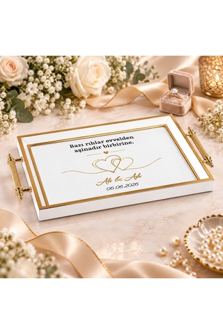 Bk Gift Kişiye Özel Beyaz&gold Söz Nişan Tepsisi-2 - 39x23 Cm Çok Renkli