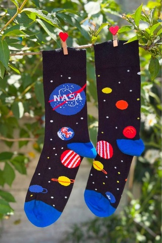 Lousocks Unisex Nasa Gezegenler Sağlı Sollu Soket Çorap Siyah