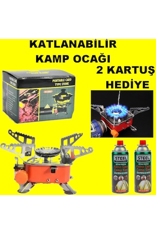 2 Kartuş Hediyeli Portatif Mini Kamp Ocağı Piknik Tüpü Mini Katlanabilir Kamp Ocağı Kendinden Çakmaklı Kırmızı
