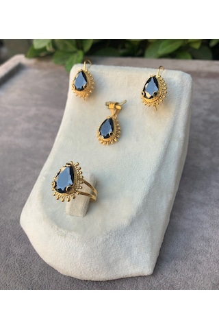 14 Ayar Altın Damla Model Oniks Taşlı Set