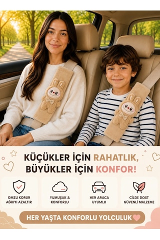 Labubu Bej Emniyet Kemeri Aksesuarı - Emniyet Kemeri Kılıfı-araç Emniyet Kemeri Omuz Koruyucu 1 Adet