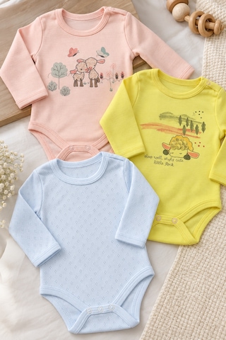Babyhola 3'lü Bebek Badi Seti %100 Pamuk Uzun Kollu Çıtçıtlı Turuncu