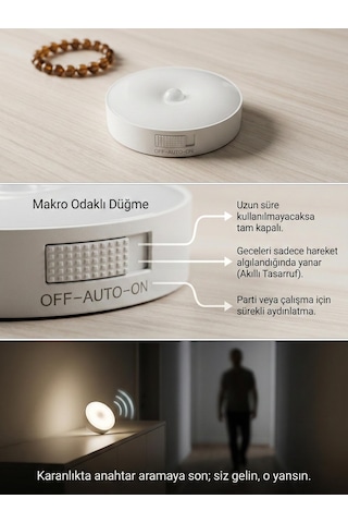Hareket Sensörlü Yuvarlak Led Aydınlatma & Usb Şarjlı Pratik Gece Lambası 8 Cm Beyaz