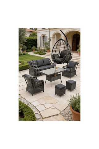 Dora Garden Home Ecem 7 Kişilik Rattan Bahçe Mobilyası Ve Tek Kişilik Rattan Salıncak Seti-antrasit
