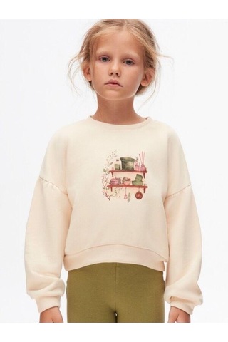 Kız Çocuk Pamuklu İki İplik Önü Baskılı Sweatshirt-14712 KREM