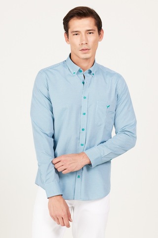 AC&Co / Altınyıldız Classics Erkek Lacı-yesıl Slim Fit Dar Kesim Düğmeli Yaka Logolu Cepli Pamuklu Çizgili Gömlek Lacivert - Yeşil