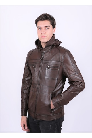 New Zaya Leather Erkek Kahverengi Kapüşonlu Deri Mont Kahverengi