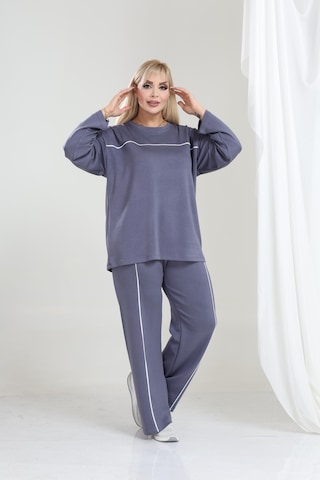 Biyeli Büyük Beden Oysho Tarzı Modal Kumaş Uzun Kollu Biyeli Rahat Günlük Takım Gri