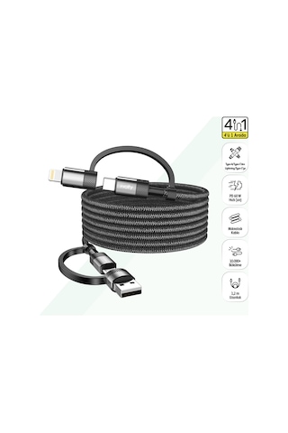 Hızlı Şarj Kablosu 4 İn 1 Usb-a/c To Type-c/lightning, 60w, 1.2m, Manyetik Siyah-v0201007