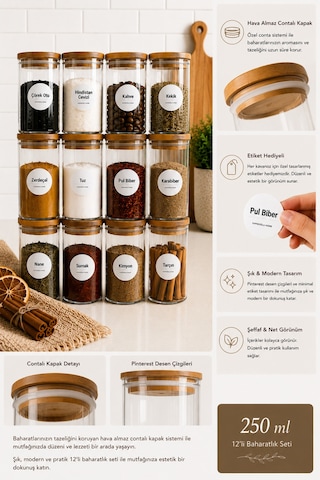 12'li Pinterest Akrilik Baharatlık Seti - Etiketli Mutfak Düzenleyici Vakum Kapaklı Baharat Saklama Kabı 250 Ml Şeffaf