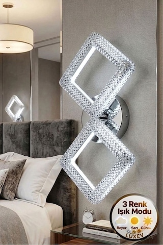LumiaLighting Yakamoz Model 2"li Gümüş 3 Renk Modu Kristal Salon Mutfak Yatak Çocuk Odası Aplik