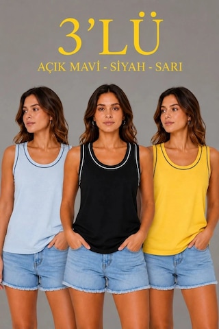 Freedom Storee Kadın 3 Lü Kolsuz Sporcu Atlet Seti Yazlık Bisiklet Yakalı - Sarı, Siyah, Bebe Mavisi Çok Renkli