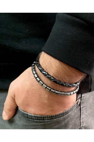 %100 Deri&hematit Kombin Erkek Bileklik Net 23cm Türk El Üretimi Siyah - Gri