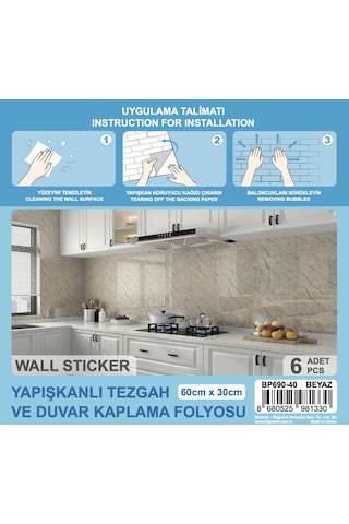 Bigpoint Yapışkanlı Tezgah Kaplama Folyosu 30x60cm Beyaz 6'lı Paket X 12 Adet