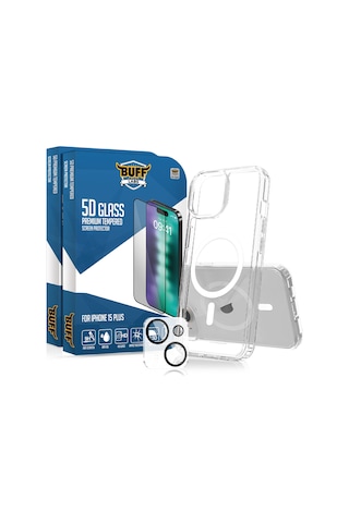 Buff Apple iPhone Uyumlu 15 Plus - 2x5d Ekran Koruyucu + Magsafe Kılıf + Lens Koruyucu Glass Şeffaf