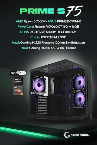 Game Garaj Prime S75 R5-7500F 16 GB 1 TB SSD RX9060XT Dos Masaüstü Oyuncu Oem Paket Bilgisayarı