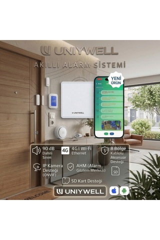 Uniywell 4g + Wi-fi + Ethernet Akıllı Alarm Sistemi - 90 Db Dahili Sirenli, Ip Kamera Onvıf Ve 8 Bölge Kablolu Aksesuar Destekli Güvenlik Seti 1 Yıl Alarm Çağrı Merkezi Hizmeti + Akü
