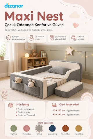 Dizanor Maxi Nest %100 Sünger Montessori Çocuk Karyola Baza Başlık Ve Yatak Seti Gri Fitilli 70 X 140