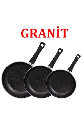3'lü Kuvars Granit Tava Seti Antrasit Gri Renk Tava Set...