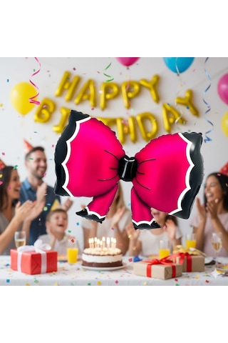 92x58 Cm Fuşya Bowtie Fiyonk Folyo Balon - Doğum Günü Parti Dekorasyon Balonu Çok Renkli